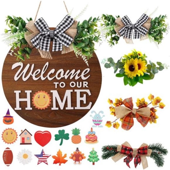 Interchangeable Welcome Sign for Front Door with 4 Seasonal Wreaths - Picture 1 of 7